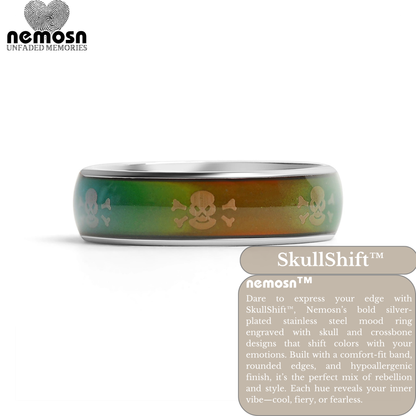 SkullShift™ Silver Mood Ring – Color Changing Stainless Steel Skull & Bones Emotion Ring