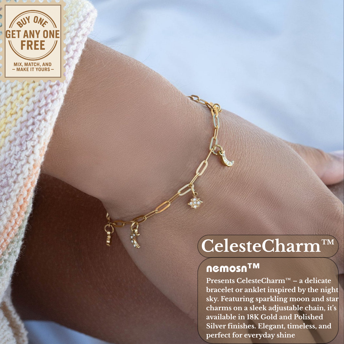 CelesteCharm™ 18K Gold & Silver Moon and Star Paperclip Chain Bracelet – Dainty Adjustable Celestial Jewelry for Women
