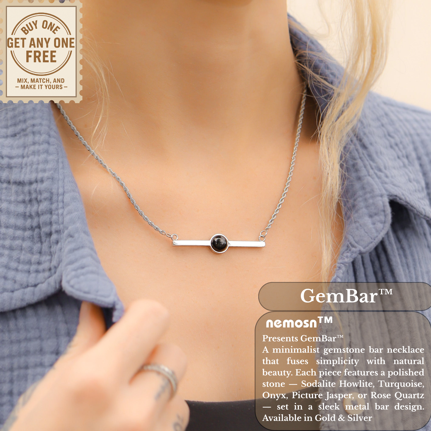 GemBar™ Minimalist Gemstone Bar Necklace | Natural Stone Pendant Jewelry in Gold & Silver