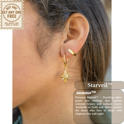 Starveil™ North Star Drop Earrings – 18K Gold & Silver Celestial Dangle Hoops with Crystal Center