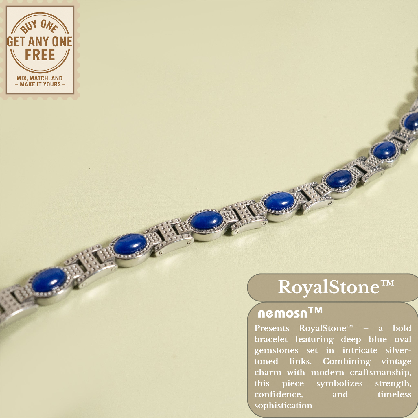 RoyalStone™ Vintage Blue Gemstone Bracelet – Bold Silver Link Design | Nemosn™ Strength & Sophistication Collection