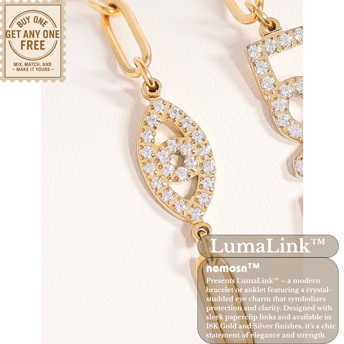 LumaLink™ 18K Gold & Silver Evil Eye Paperclip Chain Bracelet – Dainty Adjustable Protection Jewelry for Women