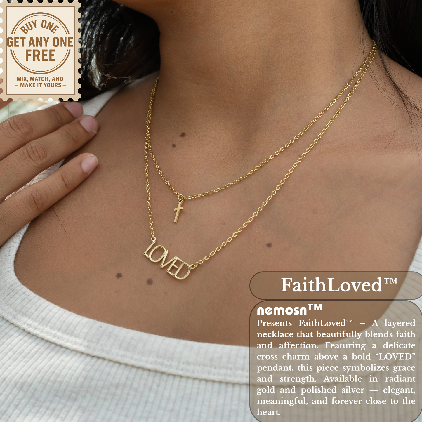 FaithLoved™ Layered Cross & Loved Necklace – 18K Gold and Silver | Nemosn™ Faith-Inspired Jewelry Collection