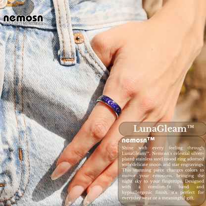 LunaGleam™ Silver Mood Ring – Color Changing Stainless Steel Moon & Stars Emotion Ring