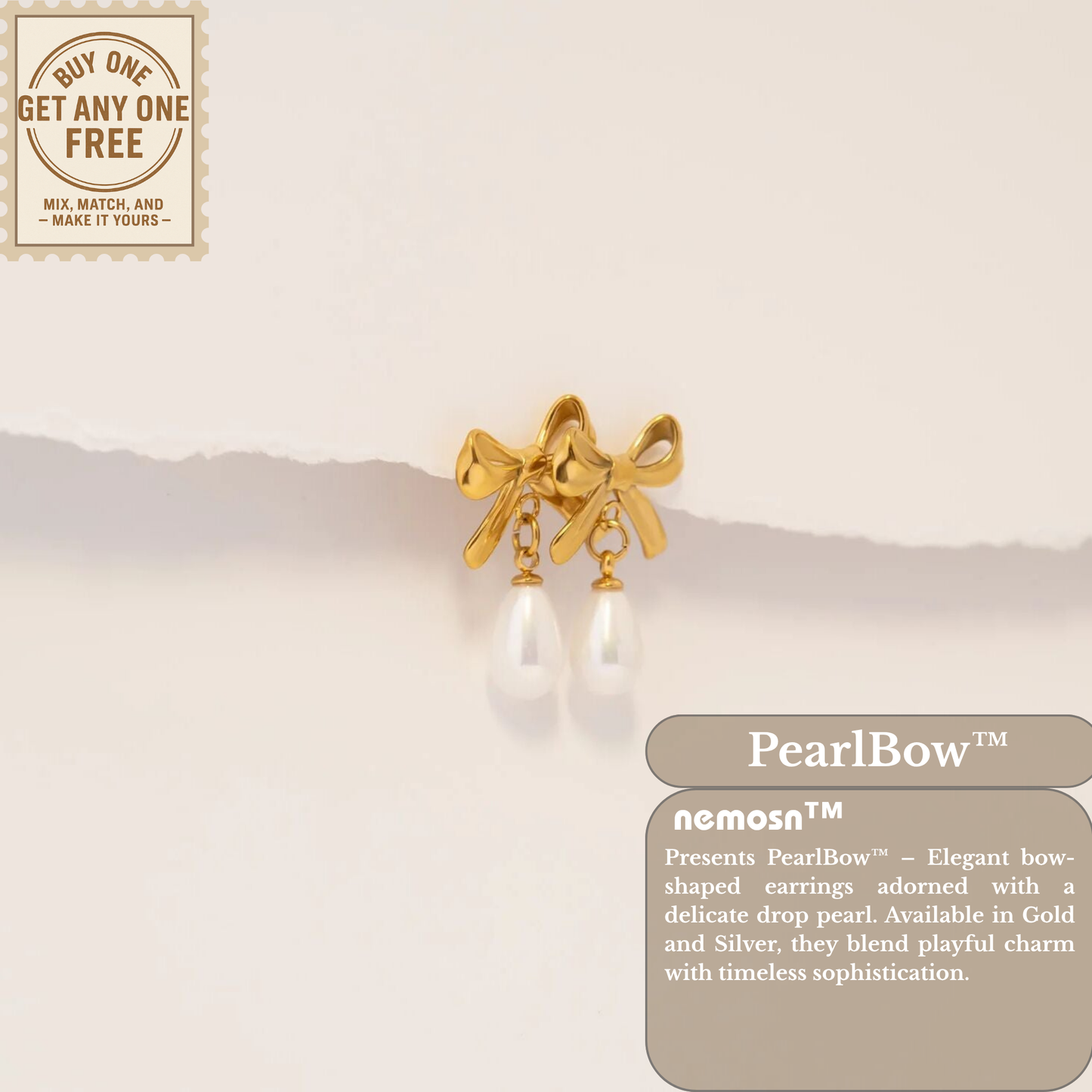PearlBow™ Elegant Bow Drop Earrings – 18K Gold & Silver Plated Ribbon Design with Teardrop Pearl | Nemosn™ Timeless Grace Collection