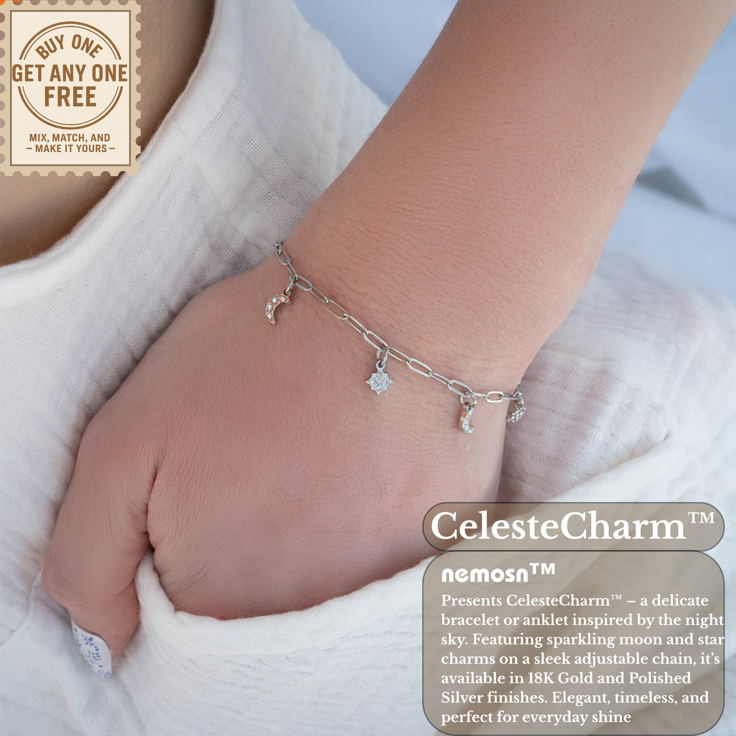 CelesteCharm™ 18K Gold & Silver Moon and Star Paperclip Chain Bracelet – Dainty Adjustable Celestial Jewelry for Women