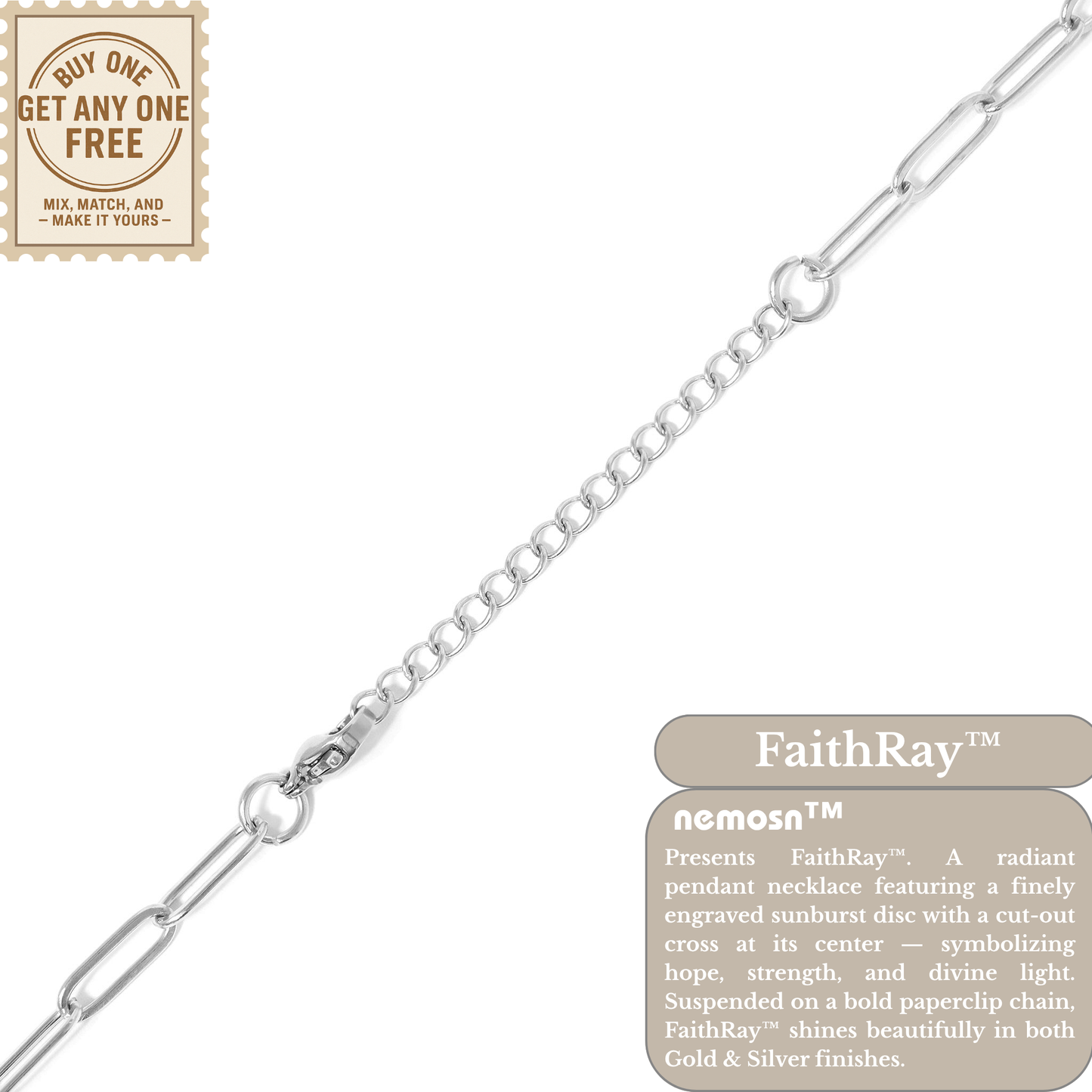 FaithRay™ Sunburst Cross Pendant Necklace | Spiritual Paperclip Chain Jewelry in Gold & Silver
