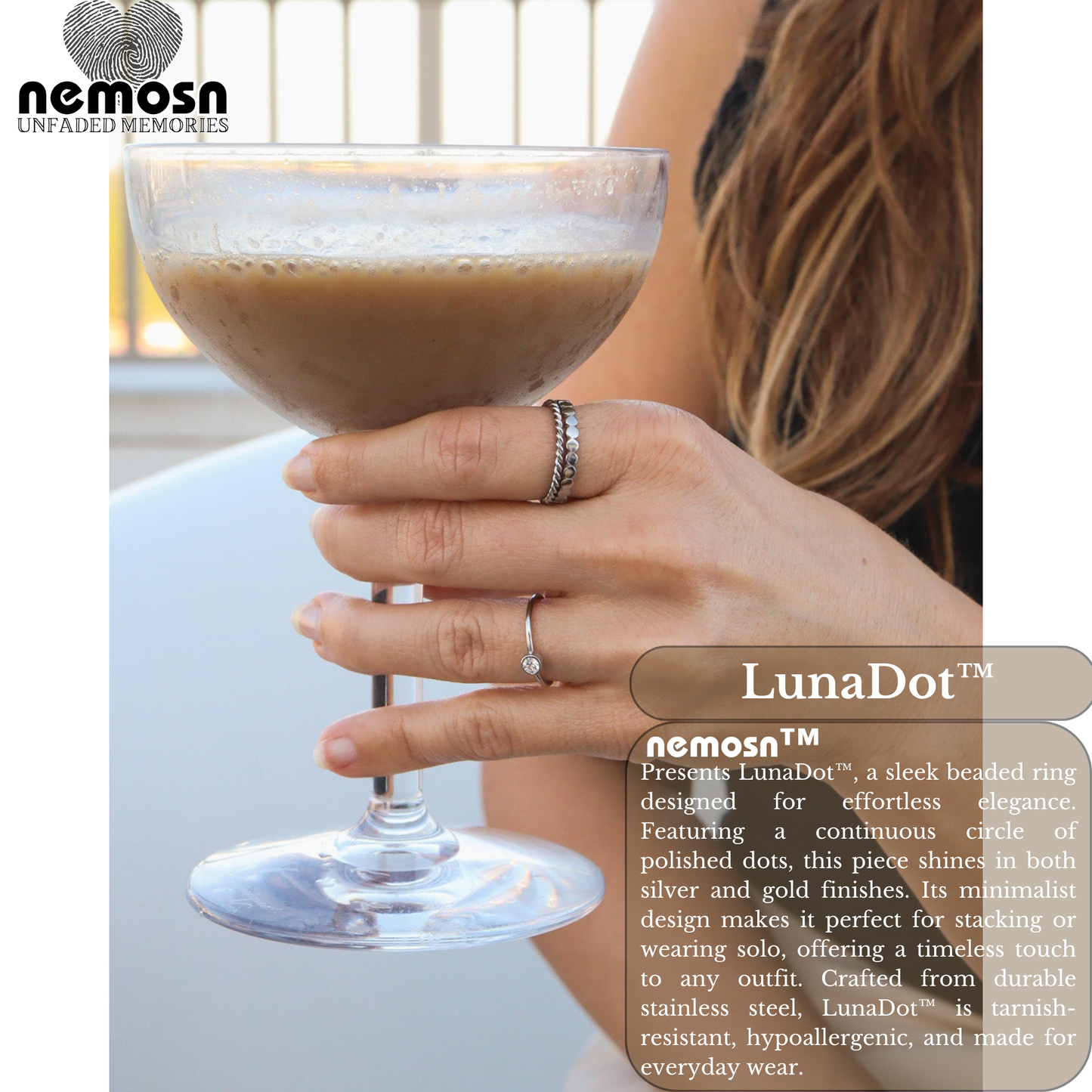 LunaDot™ – Minimal Beaded Stackable Ring in Silver & Gold | Polished Everyday Band by Nemosn