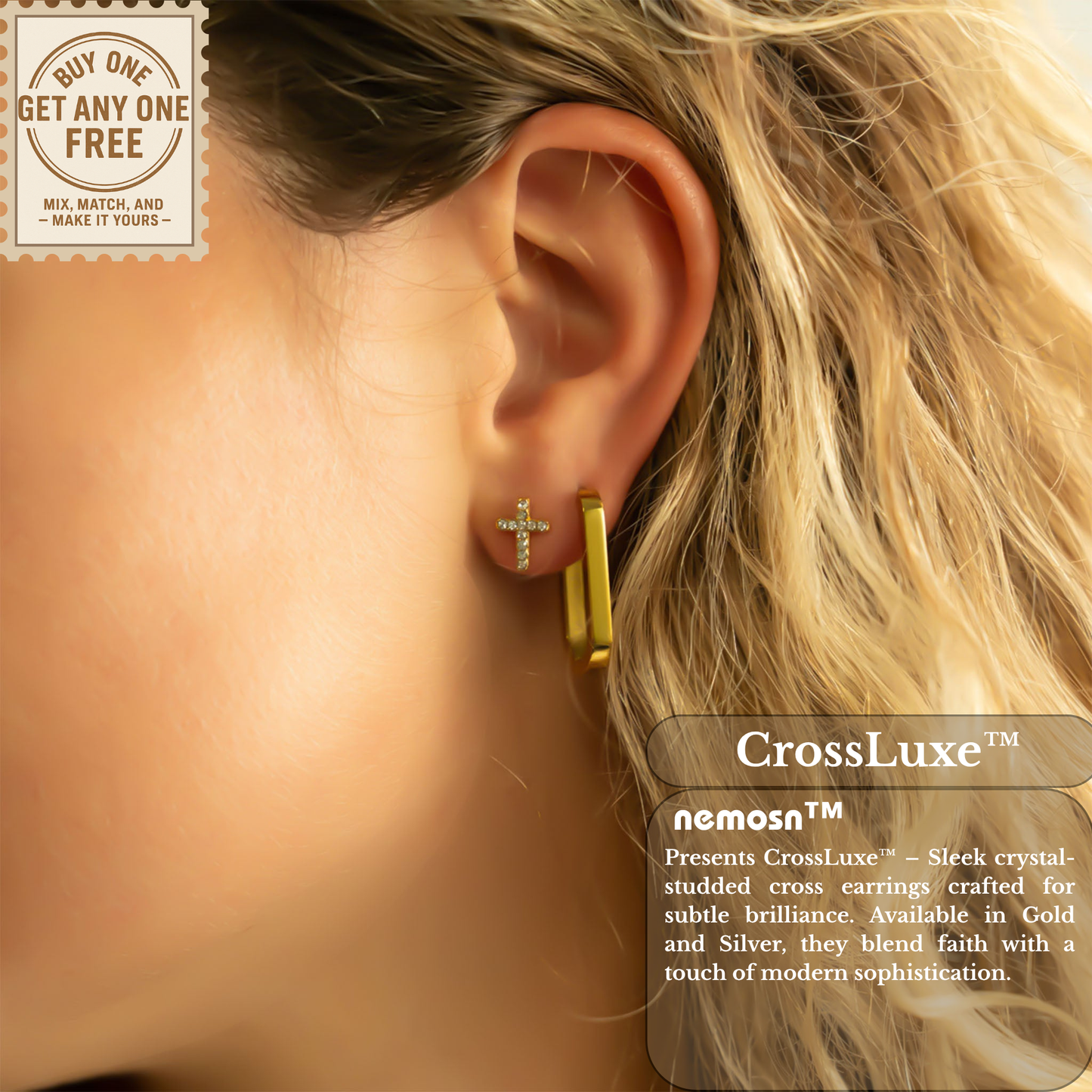 CrossLuxe™ Crystal Cross Stud Earrings – 18K Gold & Silver Plated Faith-Inspired Minimalist Jewelry for Women | Nemosn™ Grace Collection