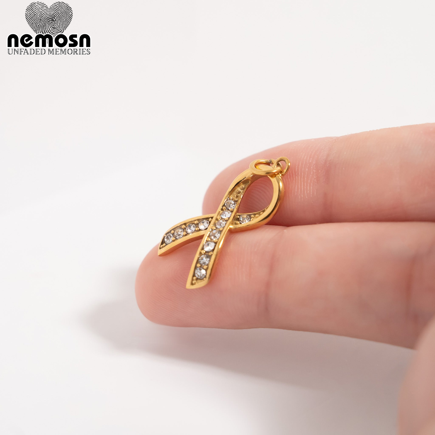 PureRibbon™ – Crystal Awareness Ribbon Charm Pendant in Gold & Silver