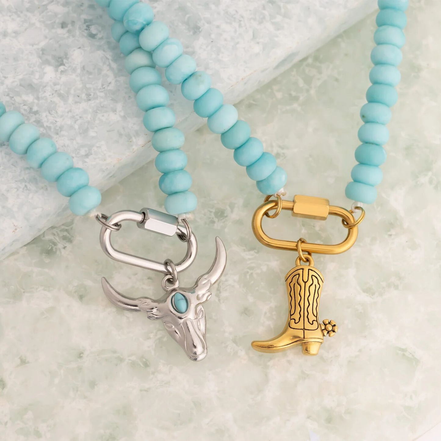 Turquoise beaded necklace with gold carabiner clasp and western boot charm