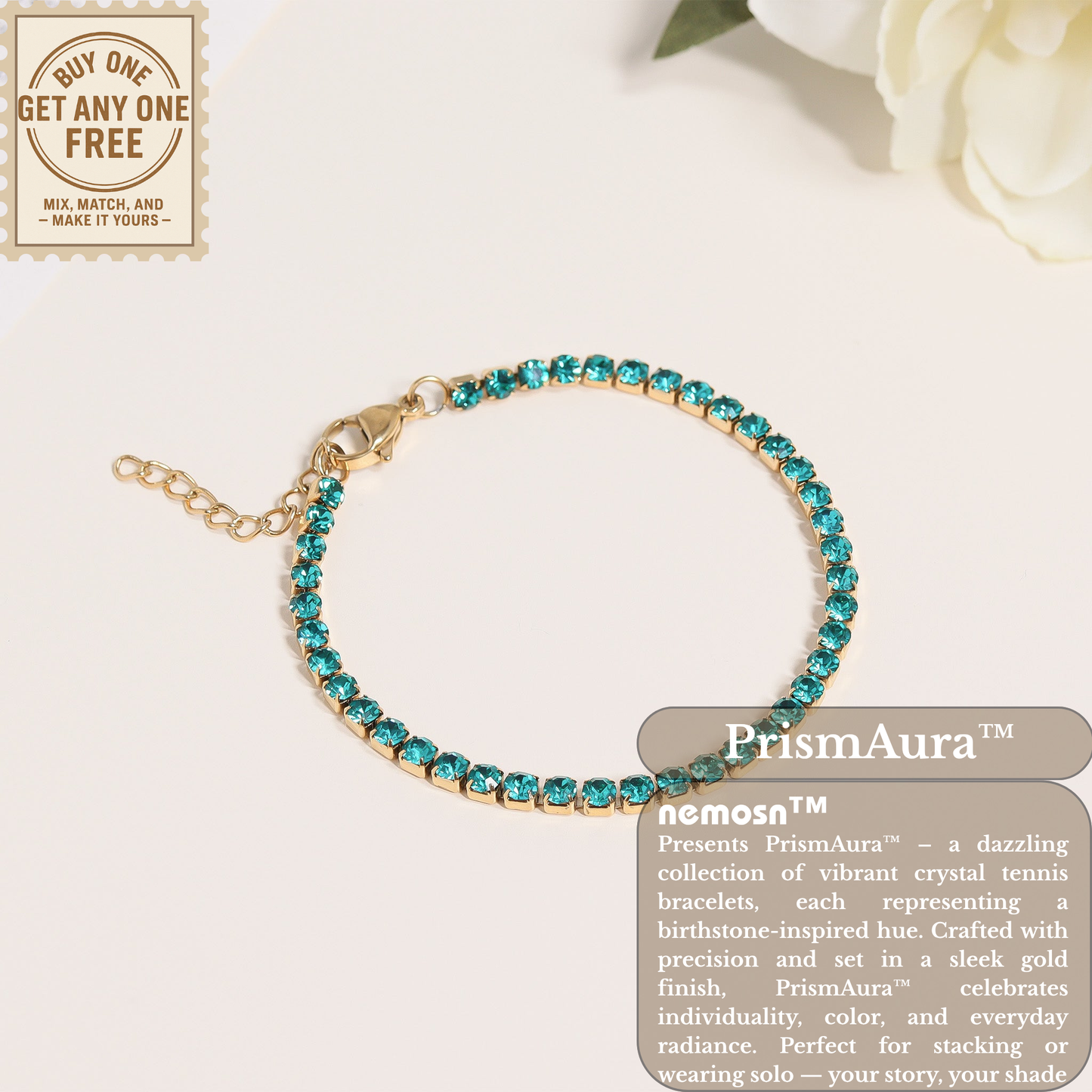 PrismAura™ Birthstone Tennis Bracelet | 12-Month Gemstone Bracelet in Gold – Garnet, Amethyst, Aquamarine, Diamond, Emerald, Ruby, Peridot, Sapphire, Tourmaline, Topaz & Blue Zircon