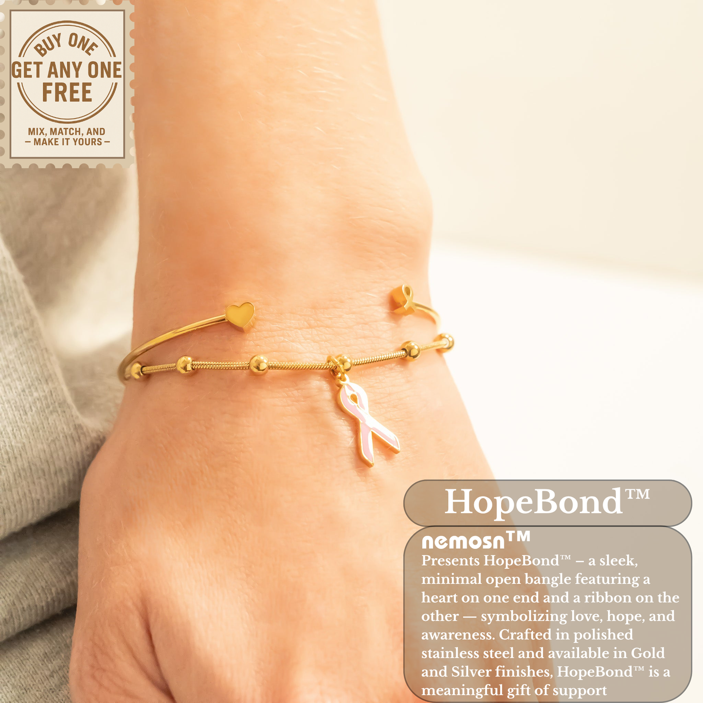 HopeBond™ Heart & Awareness Ribbon Open Cuff Bracelet – Strength, Support & Love (Gold & Silver Options)