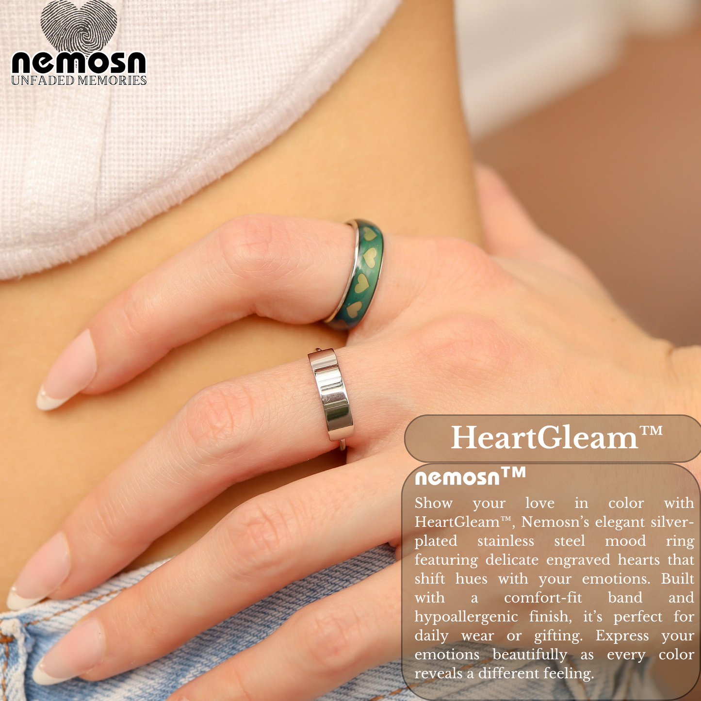 HeartGleam™ Silver Mood Ring – Color Changing Stainless Steel Heart Emotion Ring