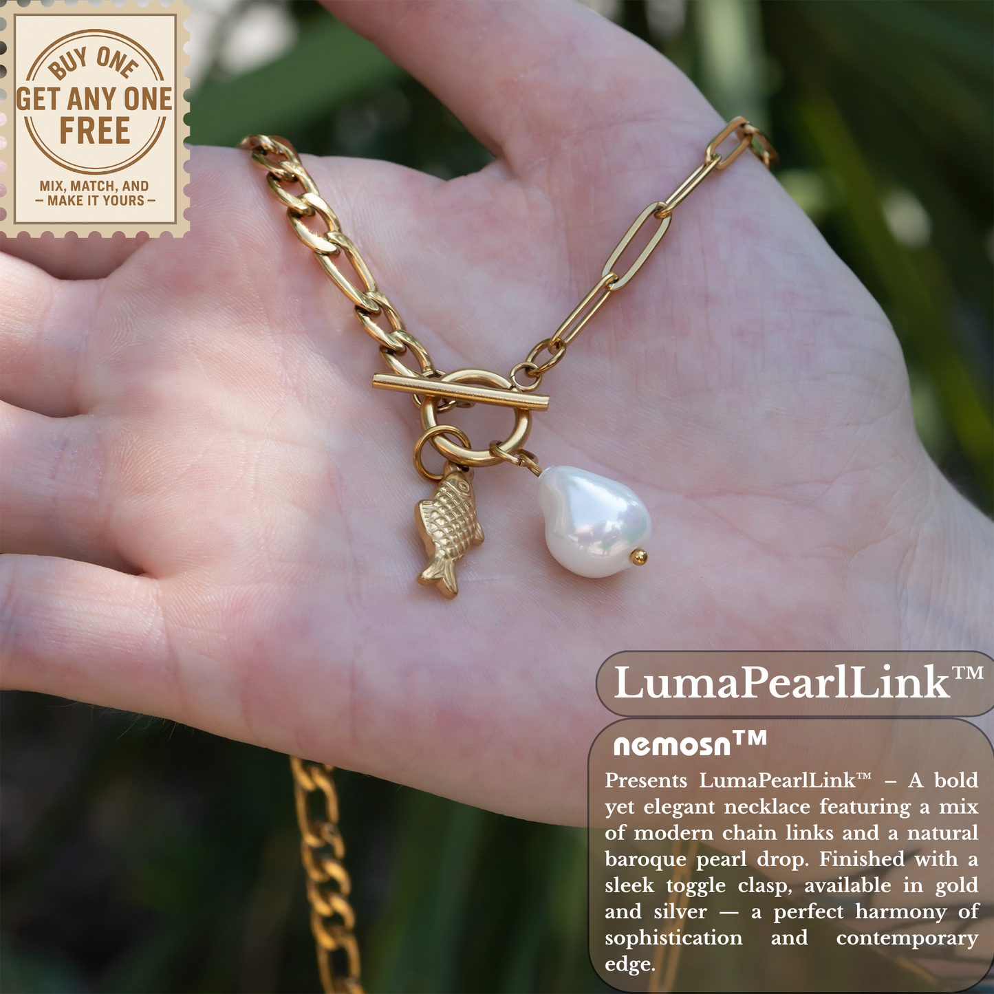 LumaPearlLink™ Baroque Pearl Toggle Necklace | Mixed Chain Statement Jewelry in Gold & Silver