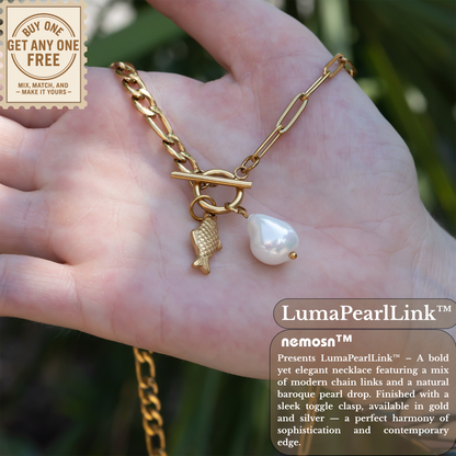 LumaPearlLink™ Baroque Pearl Toggle Necklace | Mixed Chain Statement Jewelry in Gold & Silver