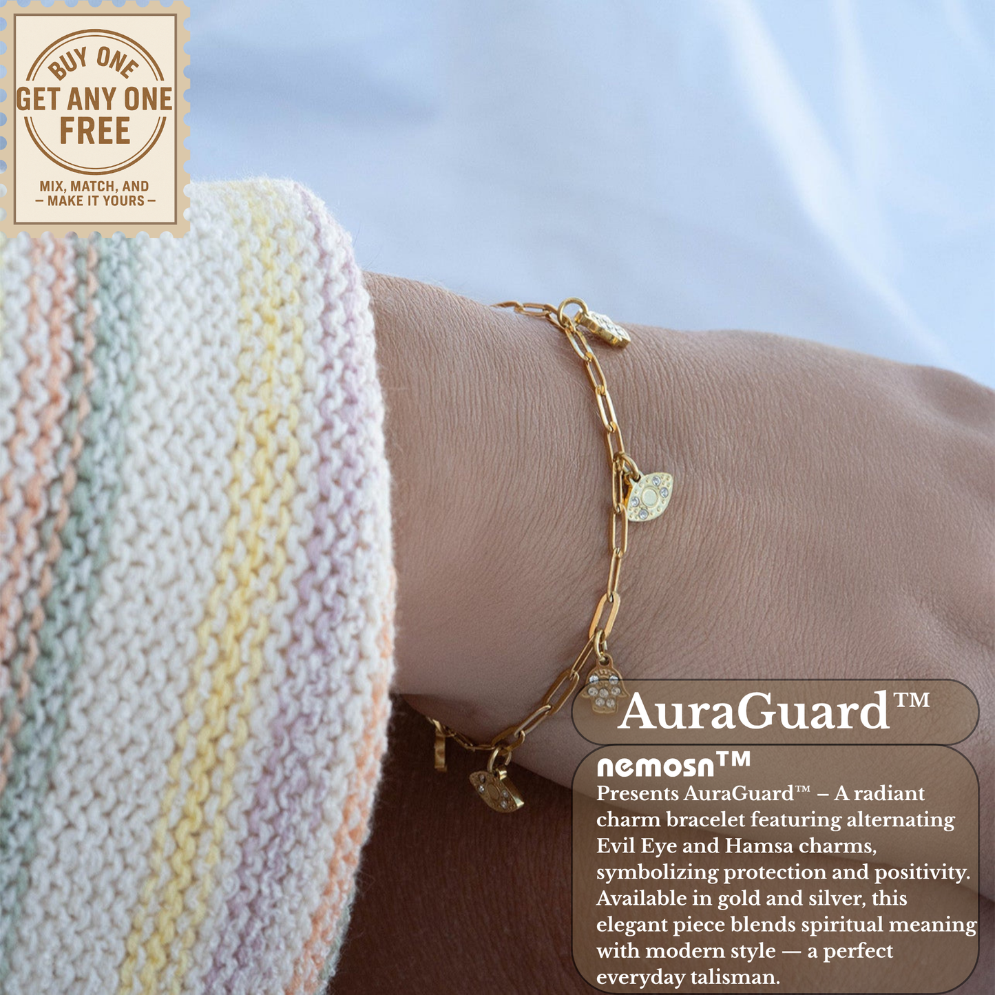 AuraGuard™ 18K Gold & Silver Evil Eye and Hamsa Hand Paperclip Chain Bracelet – Adjustable Protection Jewelry for Women