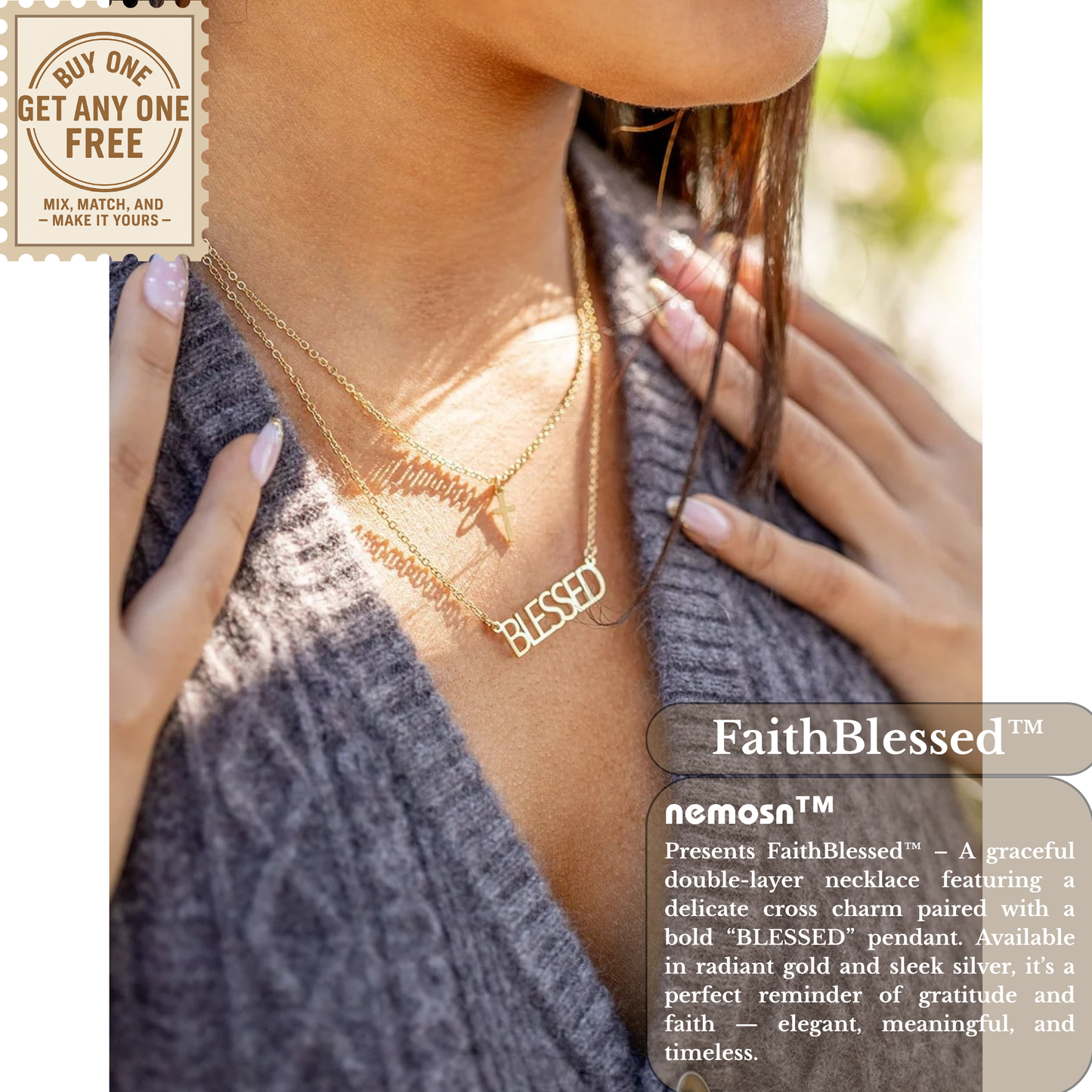 FaithBlessed™ Layered Cross & Blessed Necklace – 18K Gold and Silver | Nemosn™ Faith Collection