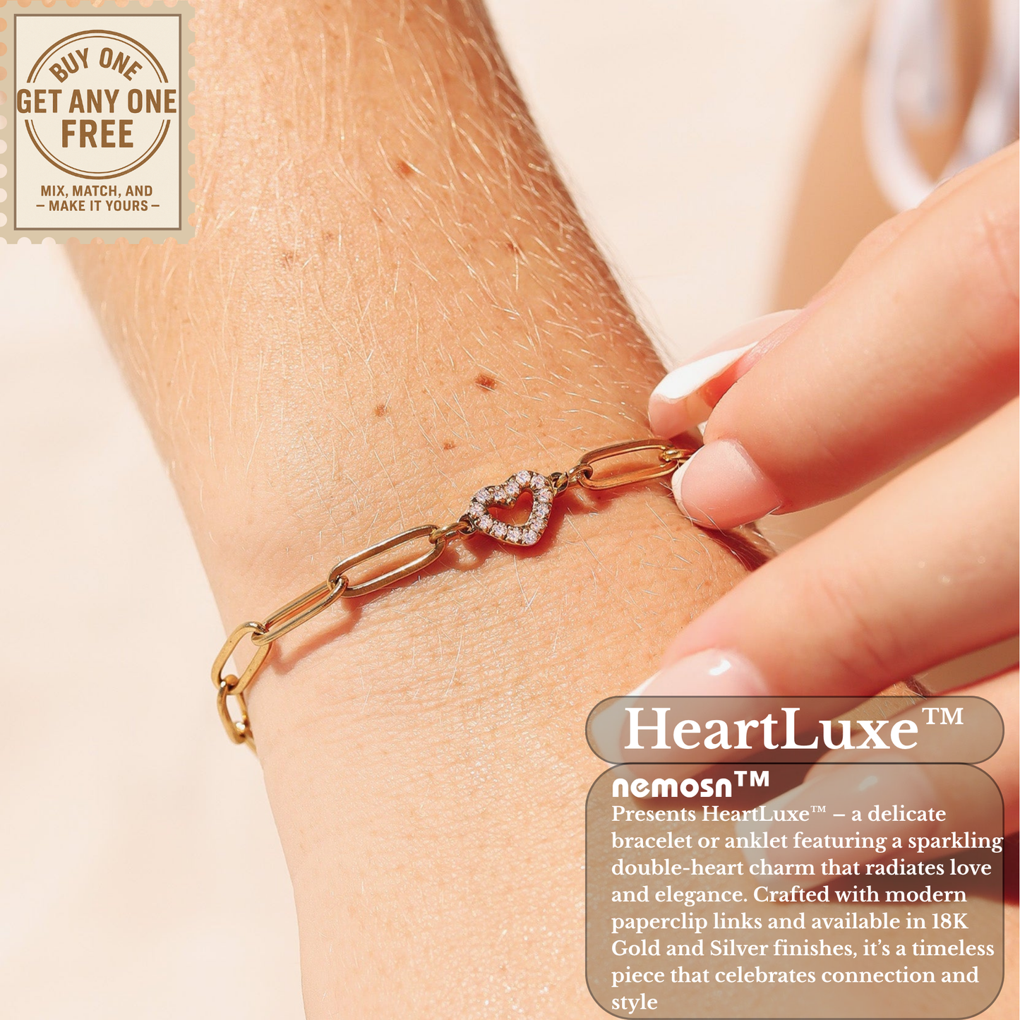 HeartLuxe™ 18K Gold & Silver Heart Paperclip Chain Bracelet – Dainty Adjustable Love Jewelry for Women