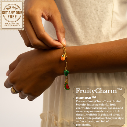 FruityCharm™ Fruit Charm Bracelet – Gold & Silver Paperclip Chain | Cute Aesthetic Jewelry Gift for Her