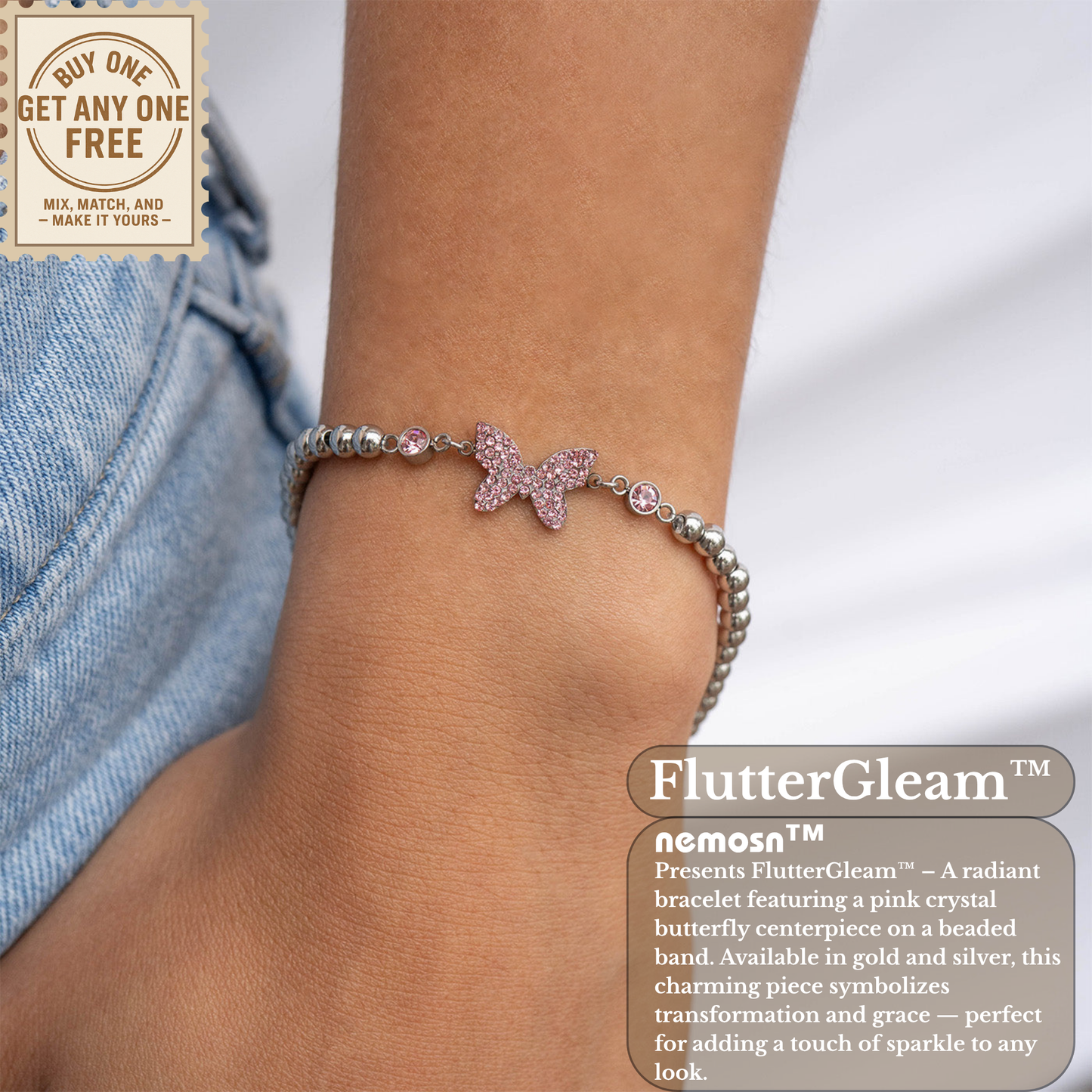 FlutterGleam™ Pink Crystal Butterfly Beaded Bracelet – Gold & Silver Dainty Bracelet | Cute Everyday Jewelry Gift for Her