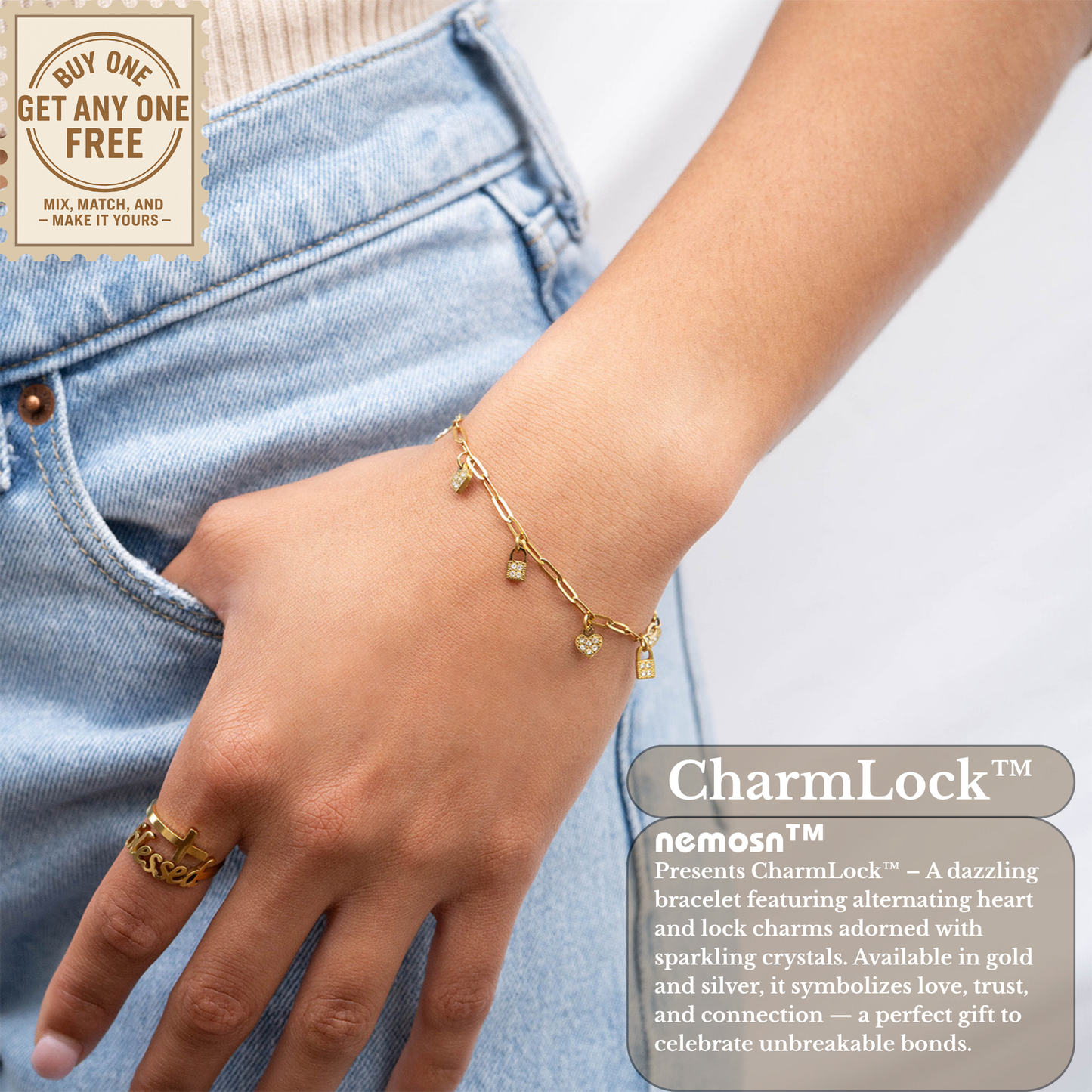 CharmLock™ 18K Gold & Silver Heart Lock Paperclip Chain Bracelet – Dainty Adjustable Love Charm Jewelry for Women