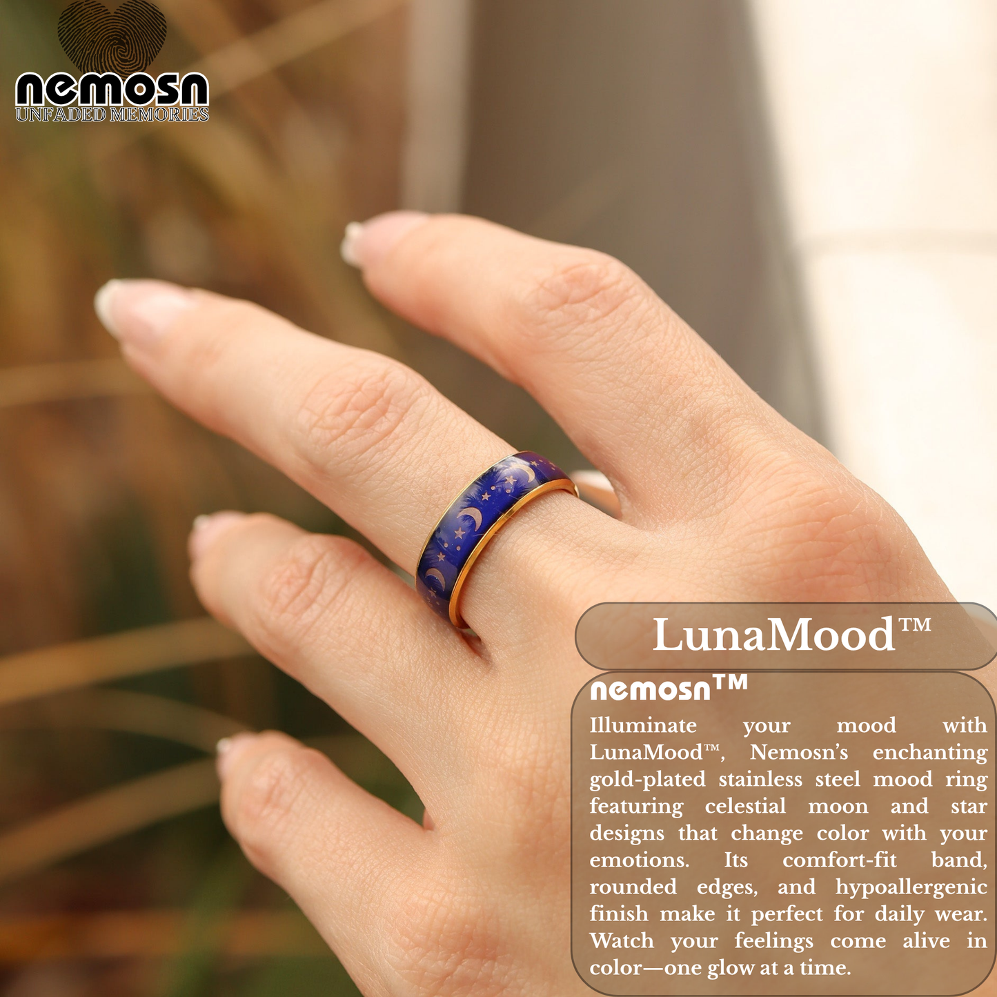 LunaMood™ Gold Mood Ring – Color Changing Stainless Steel Moon & Stars Emotion Ring