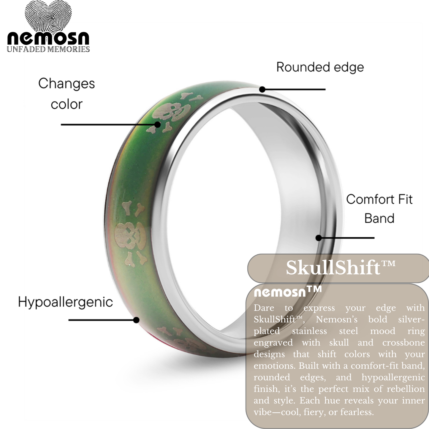 SkullShift™ Silver Mood Ring – Color Changing Stainless Steel Skull & Bones Emotion Ring