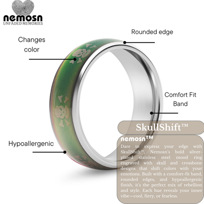 SkullShift™ Silver Mood Ring – Color Changing Stainless Steel Skull & Bones Emotion Ring