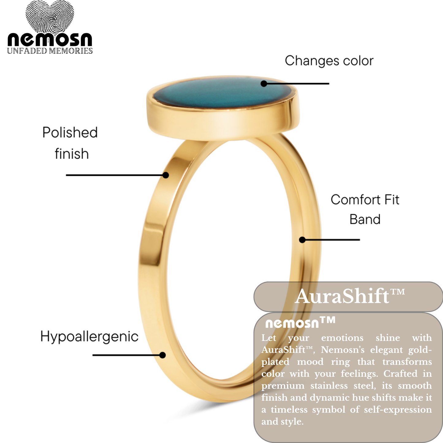 AuraShift™ Gold Mood Ring – Color Changing Stainless Steel Emotion Ring