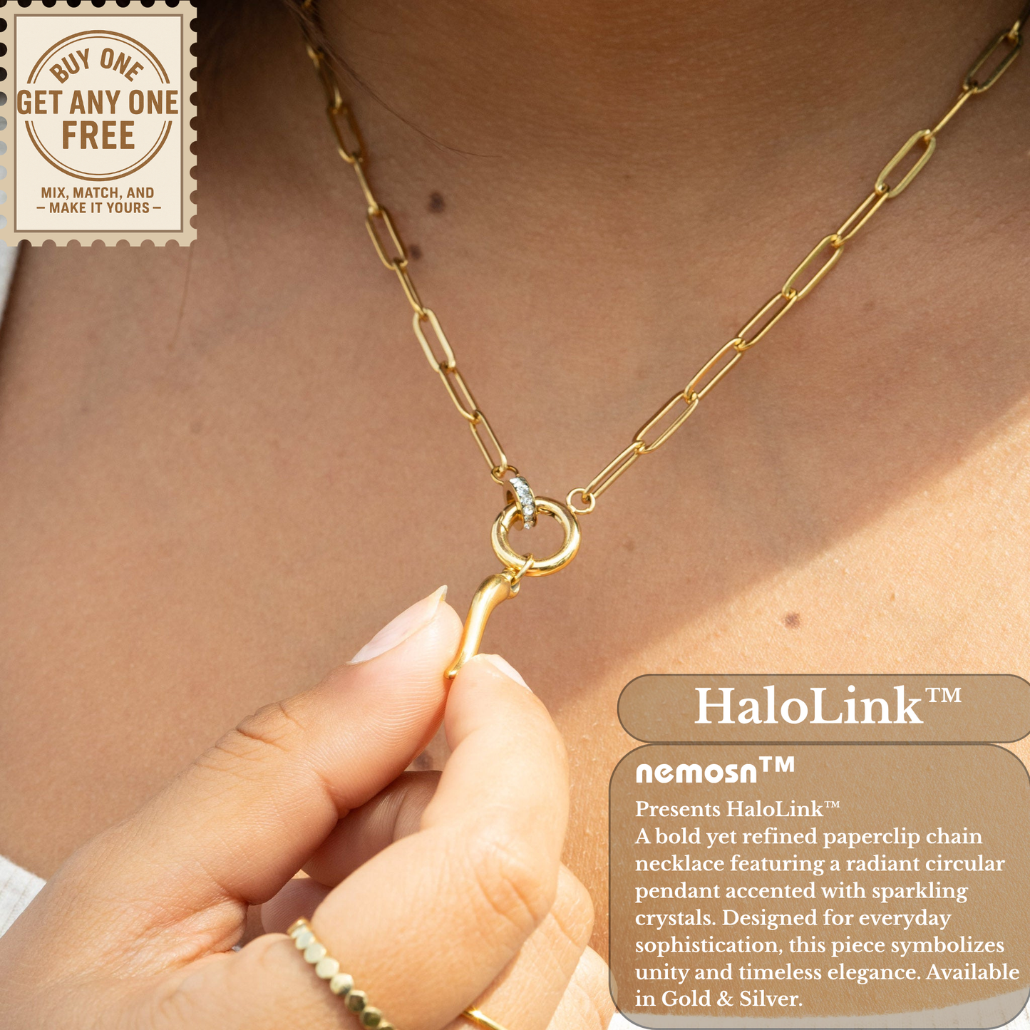 HaloLink™ Modern Paperclip Chain Necklace with Statement Ring – Minimal Bold Style (Gold & Silver Options)