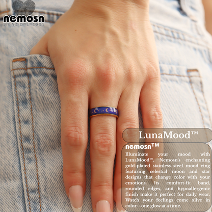 LunaMood™ Gold Mood Ring – Color Changing Stainless Steel Moon & Stars Emotion Ring