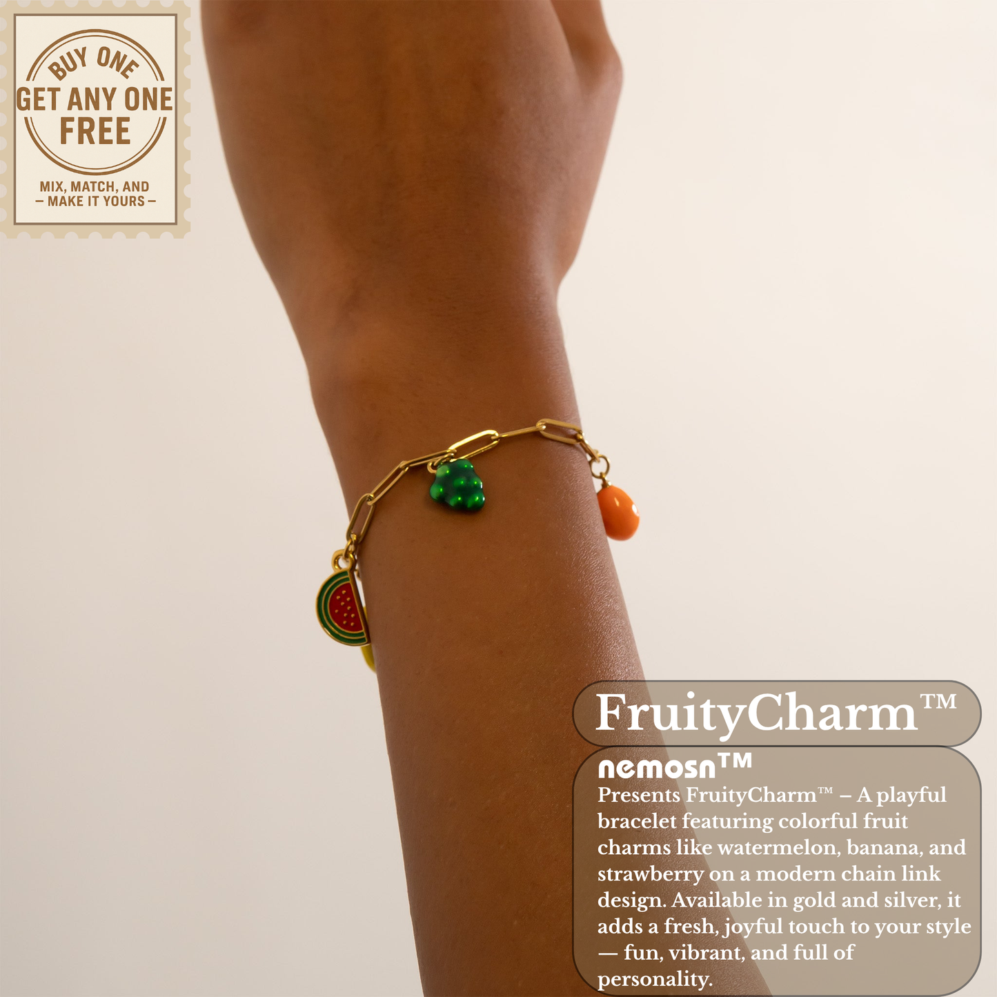 FruityCharm™ Fruit Charm Bracelet – Gold & Silver Paperclip Chain | Cute Aesthetic Jewelry Gift for Her