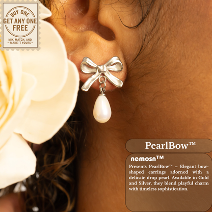 PearlBow™ Elegant Bow Drop Earrings – 18K Gold & Silver Plated Ribbon Design with Teardrop Pearl | Nemosn™ Timeless Grace Collection