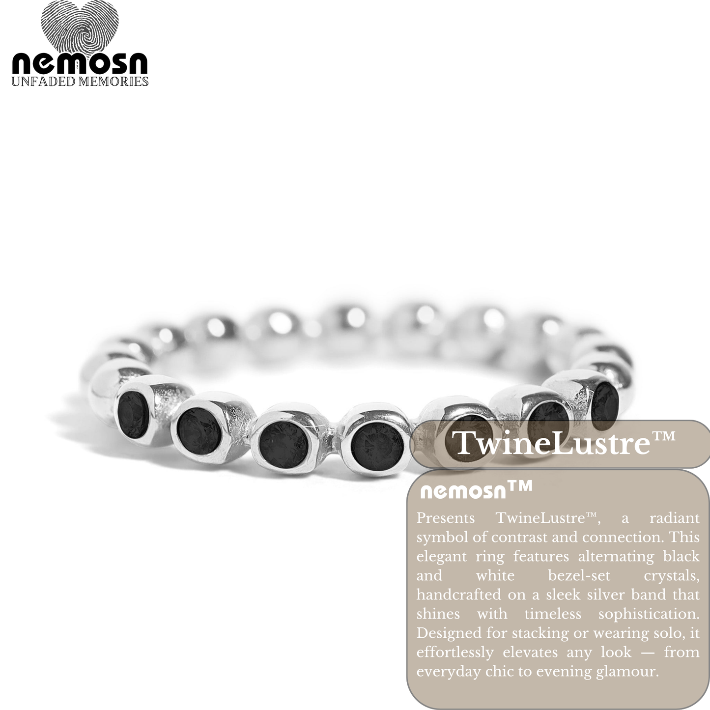 TwineLustre™ – Dual-Tone Bezel Stackable Ring in Silver | Elegant Black & White Crystal Band by Nemosn