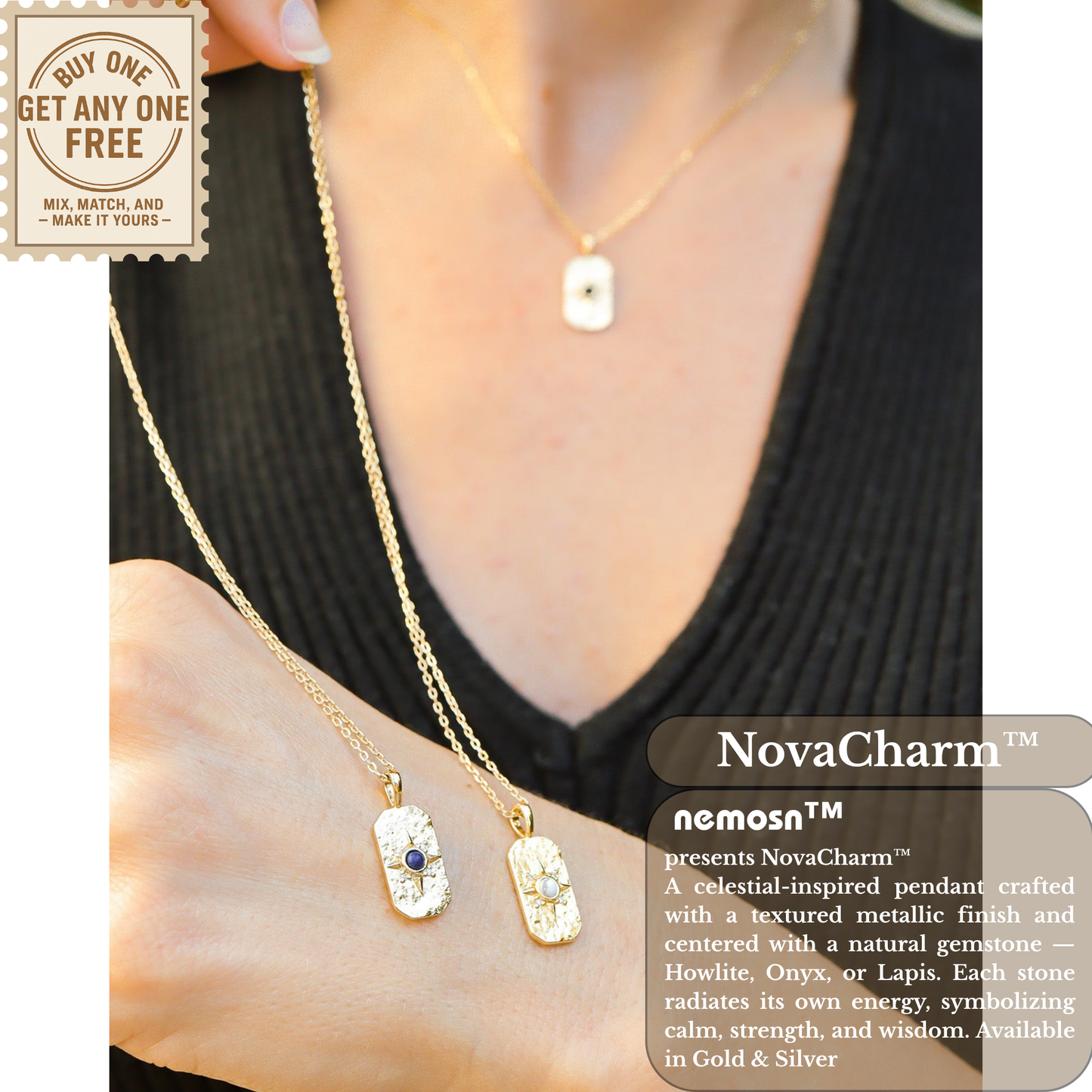 NovaCharm™ Gemstone Pendant Necklace – Howlite, Onyx & Lapis in 18K Gold & Silver | Nemosn™ Modern Spiritual Jewelry