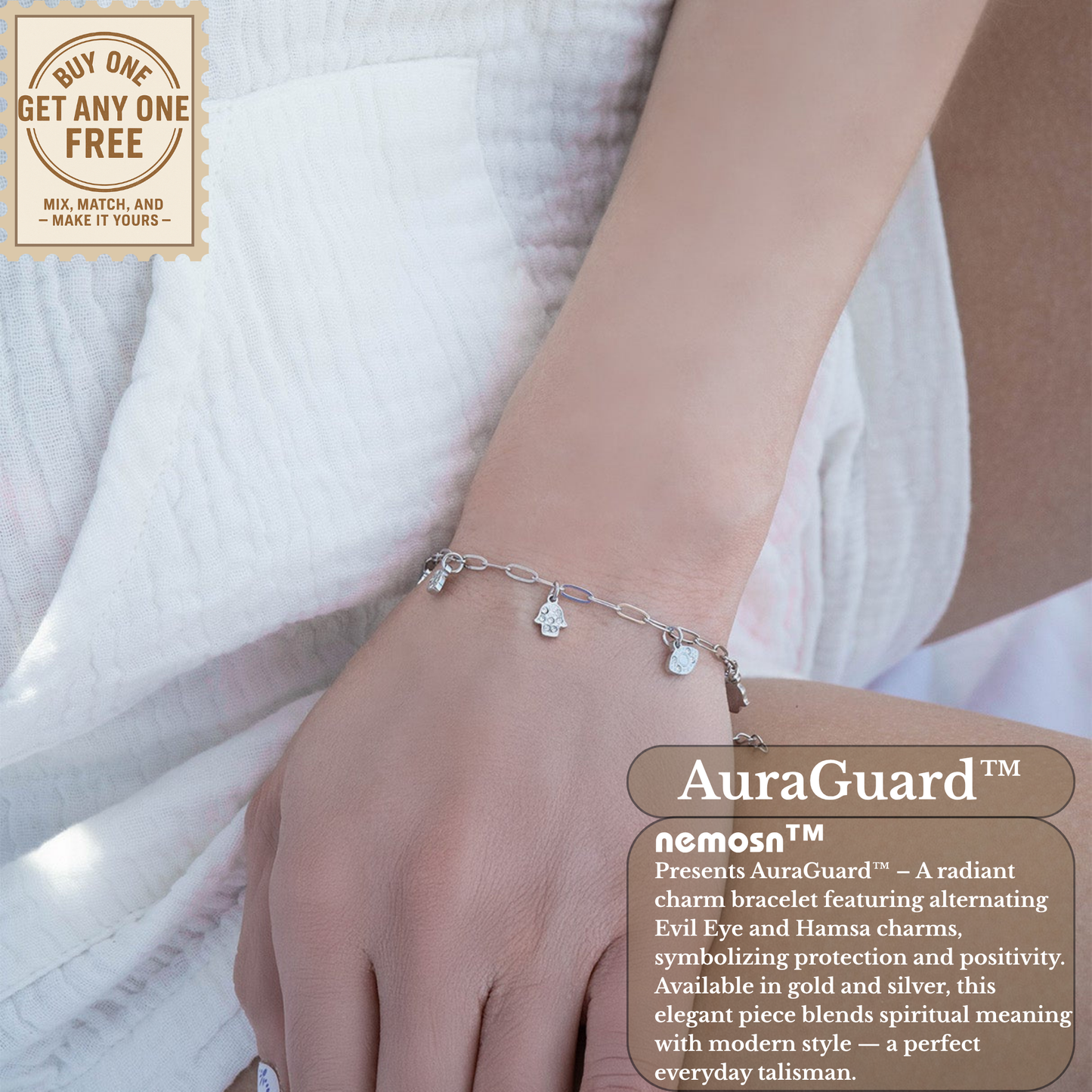 AuraGuard™ 18K Gold & Silver Evil Eye and Hamsa Hand Paperclip Chain Bracelet – Adjustable Protection Jewelry for Women
