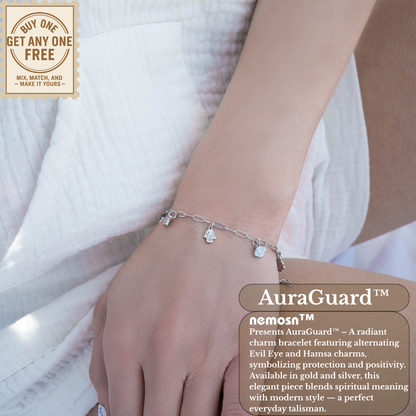 AuraGuard™ 18K Gold & Silver Evil Eye and Hamsa Hand Paperclip Chain Bracelet – Adjustable Protection Jewelry for Women