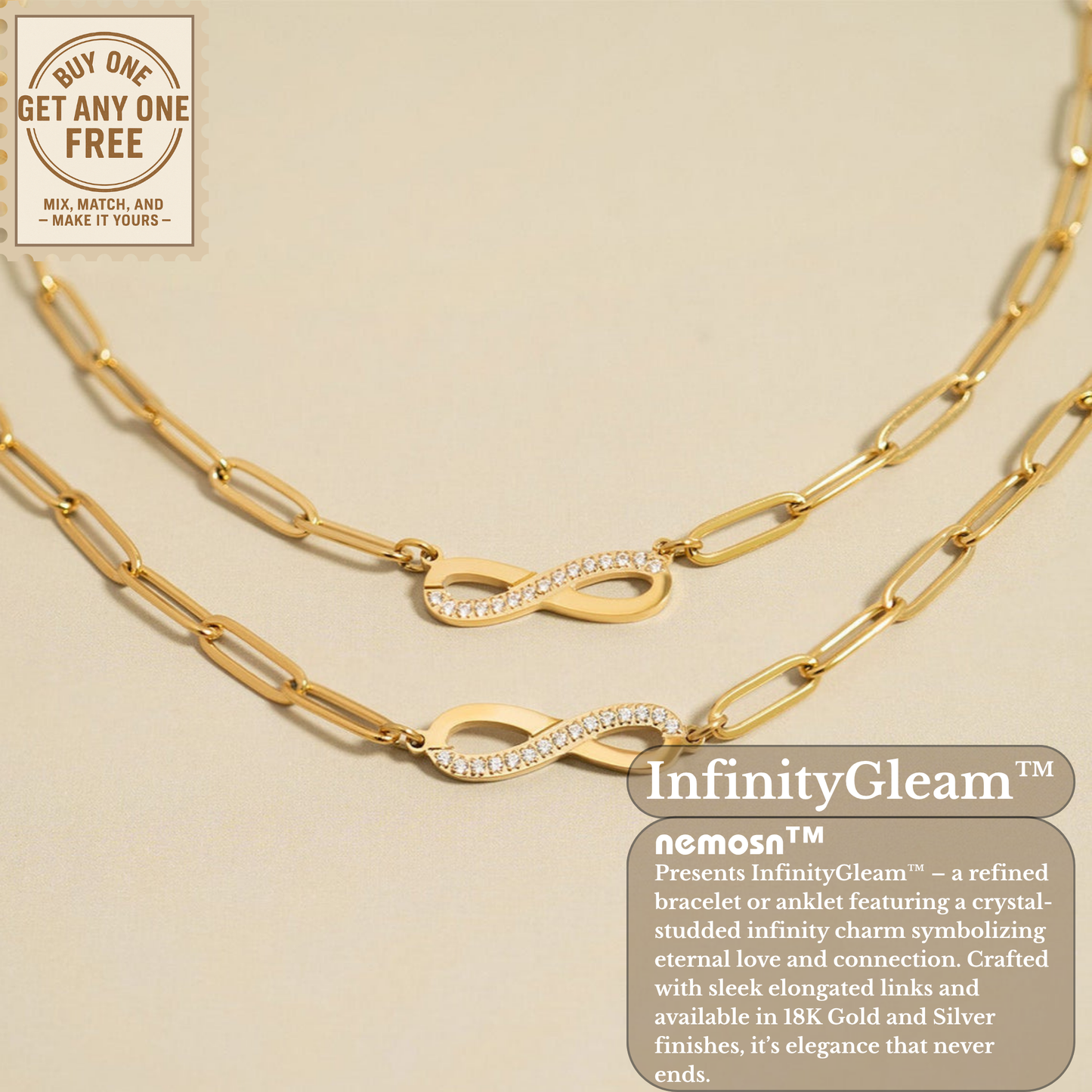 InfinityGleam™ 18K Gold & Silver Infinity Paperclip Chain Bracelet – Dainty Adjustable Symbol of Forever Love Jewelry for Women