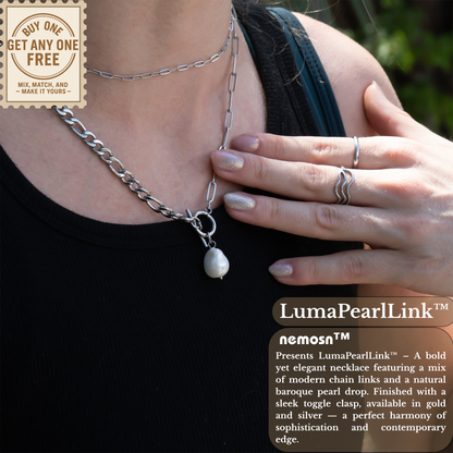 LumaPearlLink™ Baroque Pearl Toggle Necklace | Mixed Chain Statement Jewelry in Gold & Silver