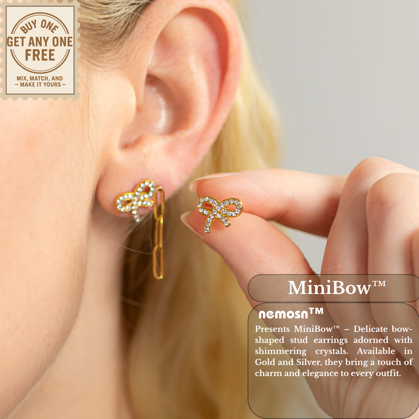 MiniBow™ Crystal Stud Earrings – 18K Gold & Silver Plated Dainty Bow Jewelry for Women | Nemosn™ Everyday Sparkle Collection