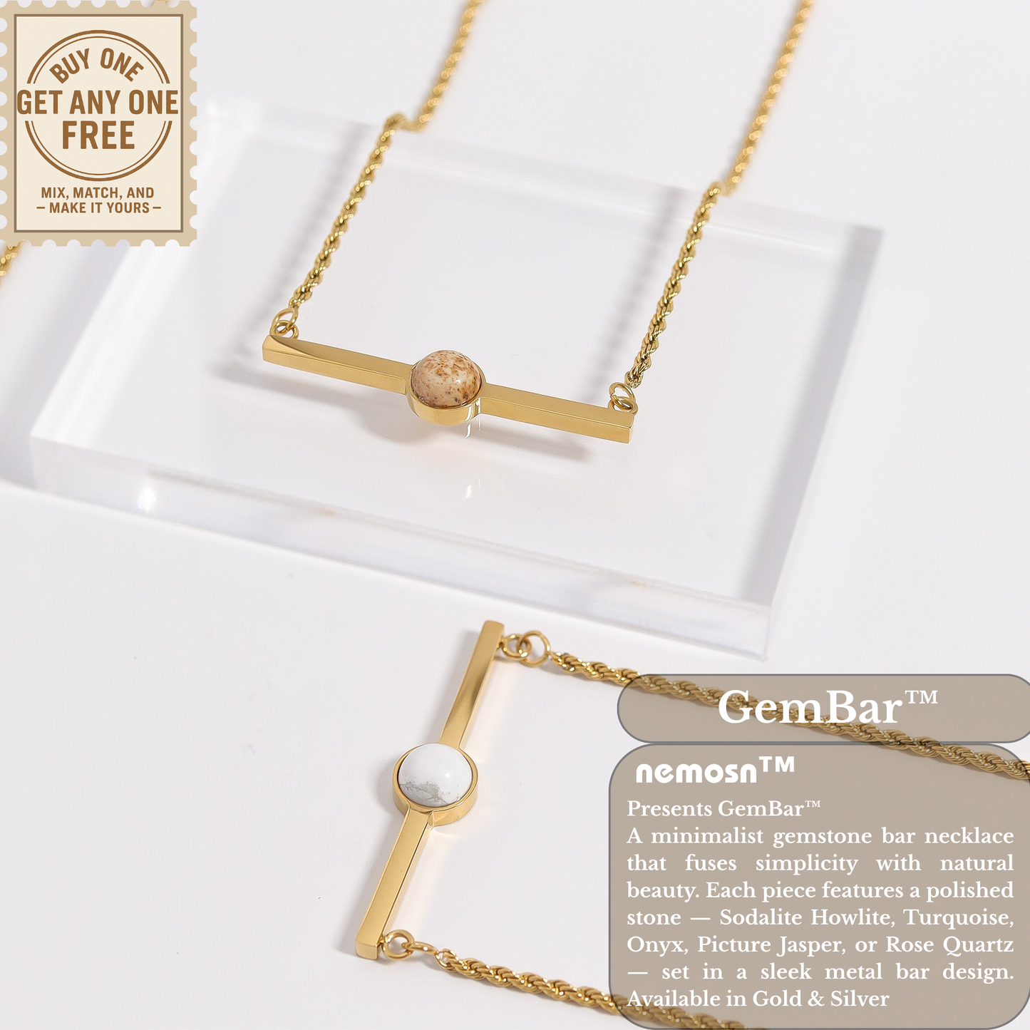 GemBar™ Minimalist Gemstone Bar Necklace | Natural Stone Pendant Jewelry in Gold & Silver