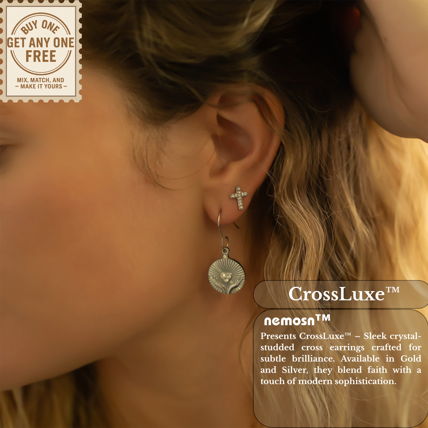 CrossLuxe™ Crystal Cross Stud Earrings – 18K Gold & Silver Plated Faith-Inspired Minimalist Jewelry for Women | Nemosn™ Grace Collection