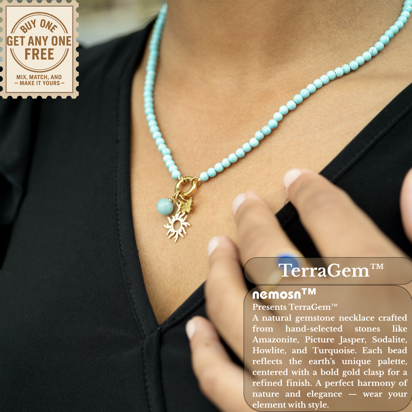 TerraGem™ Natural Gemstone Beaded Necklace – Howlite, Sodalite, Picture Jasper, Amazonite & Turquoise | Nemosn™ Signature Earth Collection