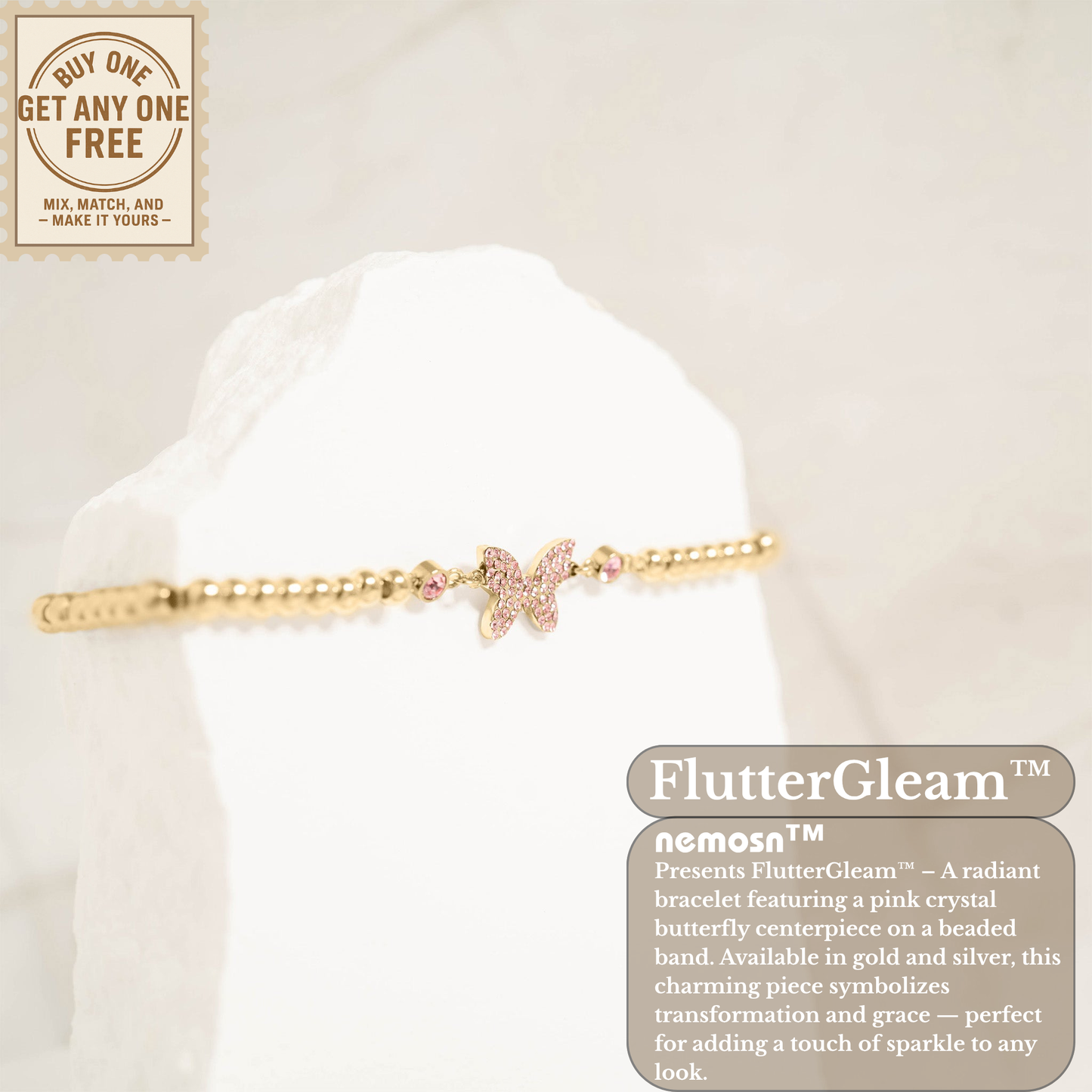 FlutterGleam™ Pink Crystal Butterfly Beaded Bracelet – Gold & Silver Dainty Bracelet | Cute Everyday Jewelry Gift for Her