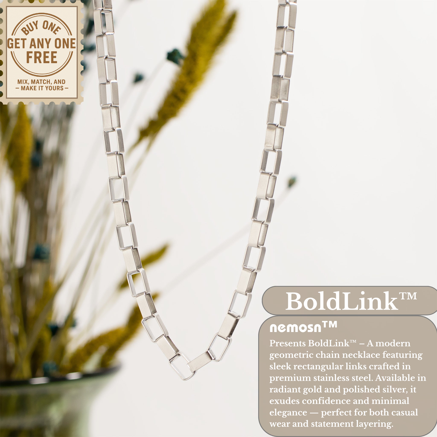 BoldLink™ Geometric Square Link Necklace | Modern Statement Chain in Gold & Silver | Layering Jewelry