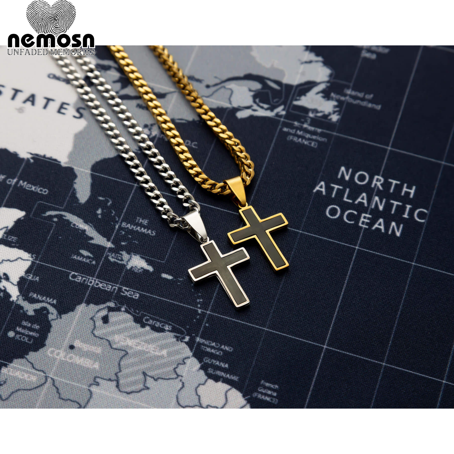 NoirFaith™ – Black Enamel Cross Pendant in Gold & Silver | Modern Minimal Faith Necklace by Nemosn