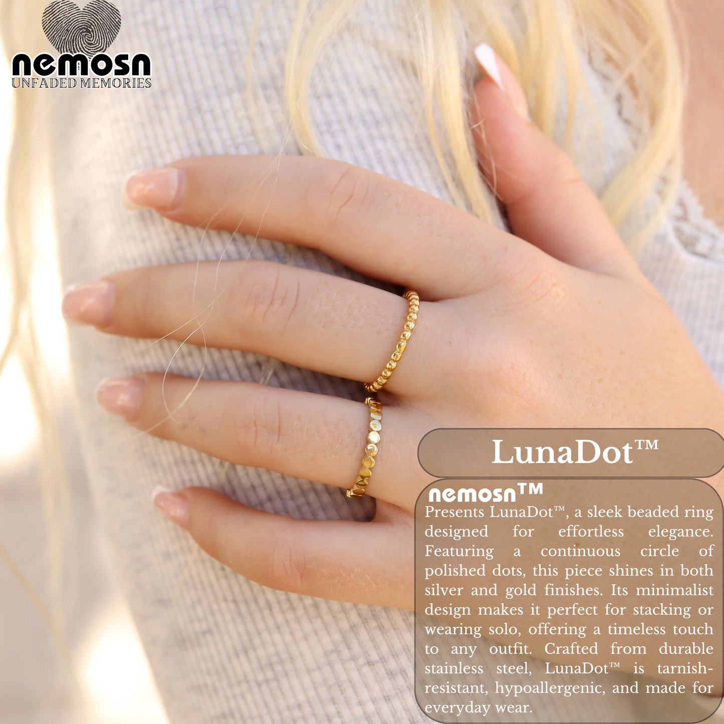 LunaDot™ – Minimal Beaded Stackable Ring in Silver & Gold | Polished Everyday Band by Nemosn