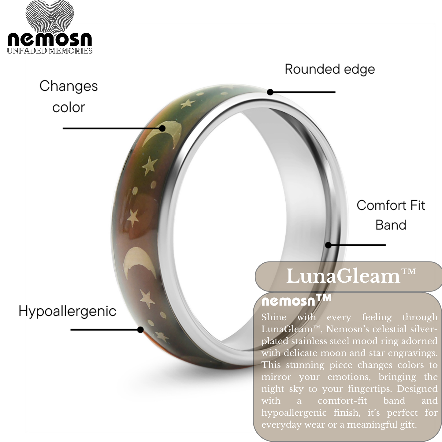LunaGleam™ Silver Mood Ring – Color Changing Stainless Steel Moon & Stars Emotion Ring
