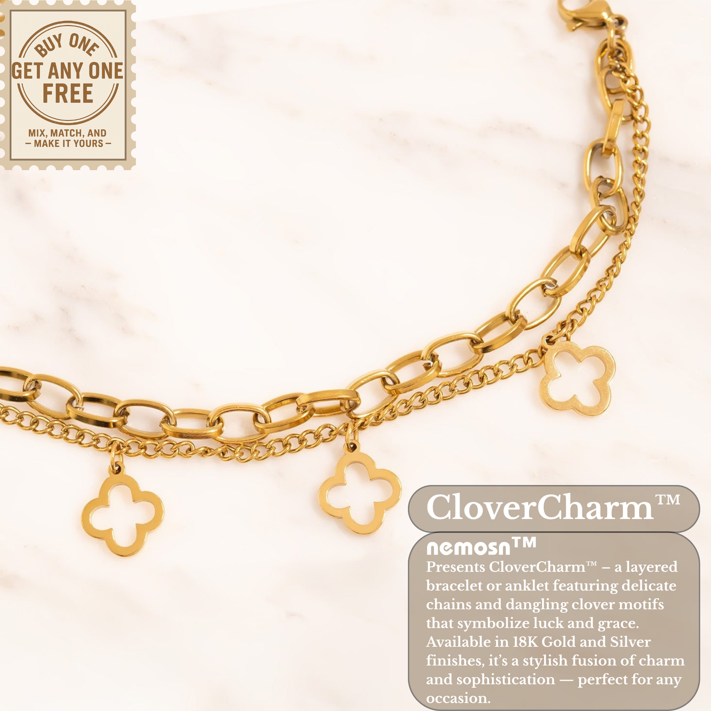 CloverCharm™ Layered Clover Bracelet – Adjustable Gold & Silver Chain Bracelet | Elegant Everyday Jewelry Gift for Her